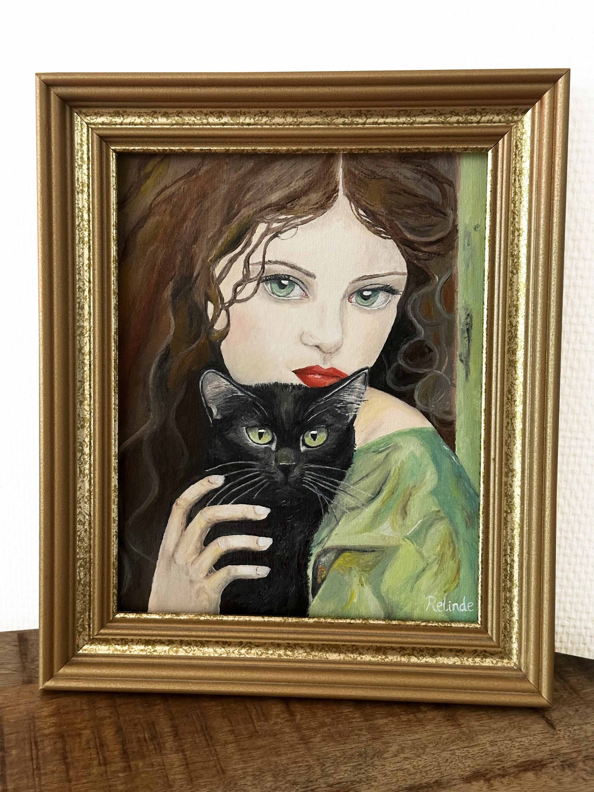 Oil painting-woman with deals cat