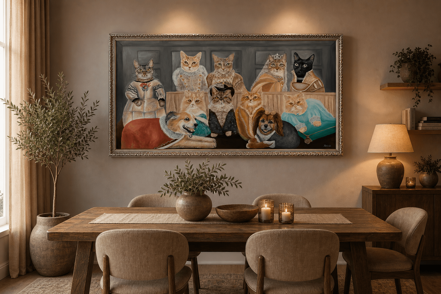 Petportrait of 9 cats and 2 dogs - Oil painting on plywood 122 x 60 cm Petportrait of 9 cats and 2 dogs - Oil painting on plywood 122 x 60 cm